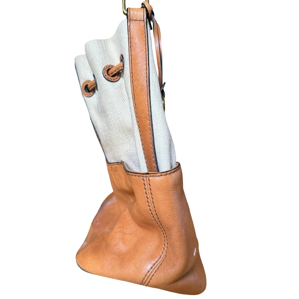 Fossil Leather & Canvas Tan Handbag Shoulder Bag Drawstring Bucket Purse 13x11x6